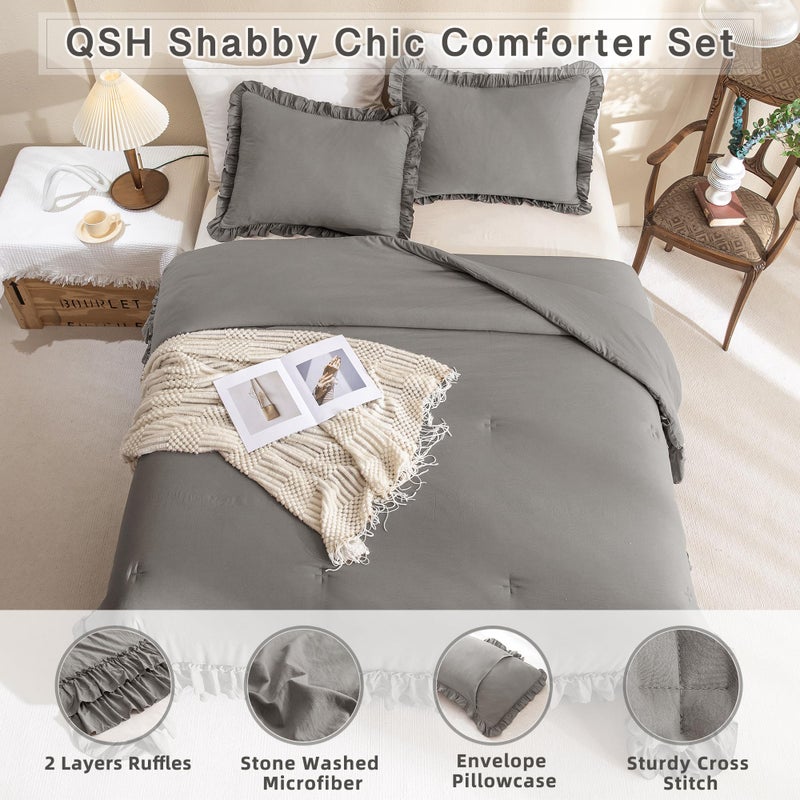 QSH Shabby Grey Ruffled Chic Comforter Queen Size, Farmhouse Boho Bedding Comforter Sets, 3 Pieces All Season Microfiber Inner Fill Bedding, Ultra Soft Lightweight Comforter Queen for Bed - Image 2